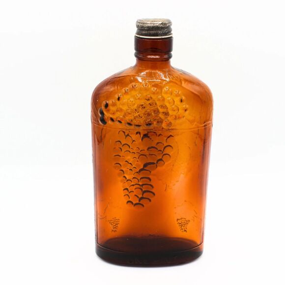 Antique One Pint Brown Wine Oval Glass Bottle Metal Cap Embossed Grape Design - Picture 5 of 6